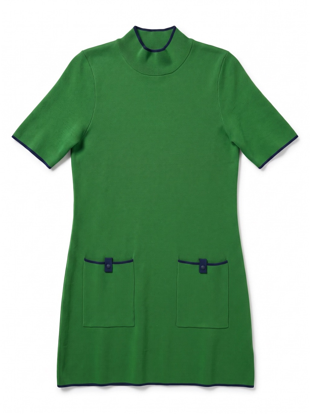 Anthropologie Maeve Green Knit Short-Sleeve Dress with Navy Trim